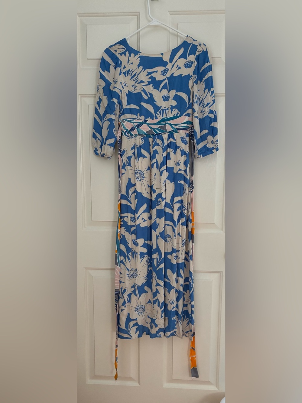 Anthropologie Maeve Blue and White Floral Kimono Dress with yellow waist Detail - Picture 2 of 3